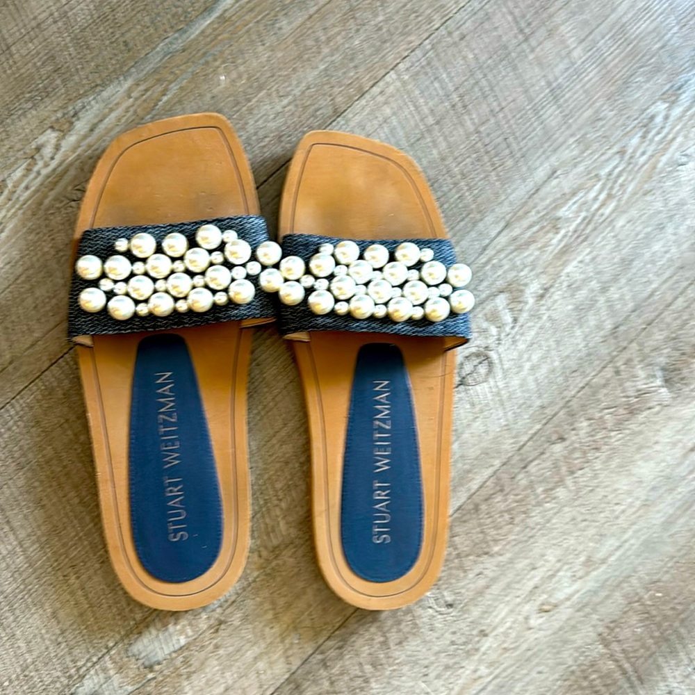 Stuart Weitzman pearl and denim sandles